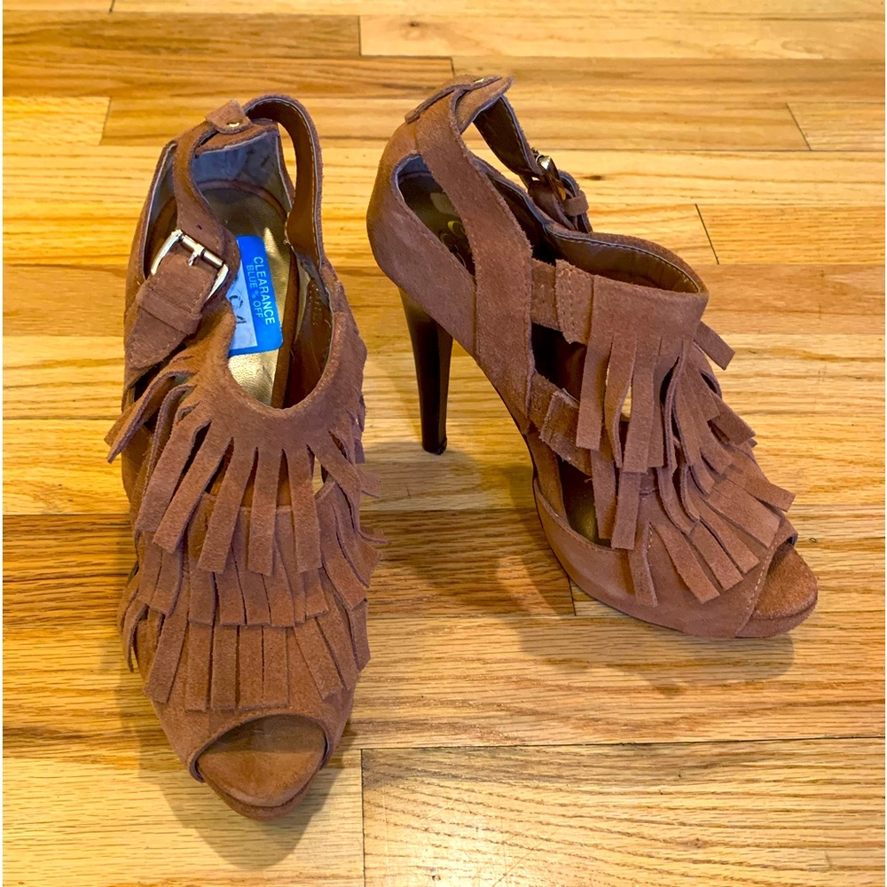 Fergie High Heeled Fringe Sandals (Size 7 )
